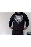 Uzun Kol Kapşonlu Baskılı SweatShirt - Siyah