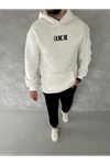 Uzun Kol Kapşonlu Göğüs Baskılı SweatShirt - Beyaz