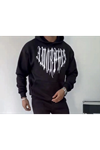 Uzun Kol Kapşonlu Baskılı SweatShirt - Siyah