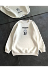 Kışlık Bisiklet Yaka Baskılı SweatShirt - Beyaz