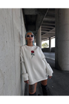 Oversize Üç İplik Bisiklet Yaka Baskılı SweatShirt - Beyaz