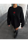 Oversize Üç İplik Bisiklet Yaka Baskılı SweatShirt - Siyah