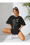 Baskılı Oversize T-shirt - Siyah