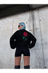 Oversize Üç İplik Bisiklet Yaka Baskılı SweatShirt - Siyah