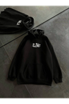 Üç İplik Penye Uzun Kol Kapşonlu Baskılı SweatShirt - Siyah