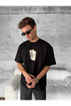Ön Ve Arka Baskılı Oversize Bisiklet Yaka T-shirt - Siyah