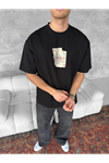 Ön Ve Arka Baskılı Oversize Bisiklet Yaka T-shirt - Siyah