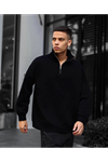Erkek Yarım Fermuarlı Üç İplik Sweatshirt - Siyah