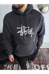Üç İplik Kapşonlu Baskılı SweatShirt - Füme