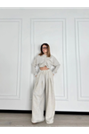 Uzun Kollu Önü İp Büzgülü  Crop Ve Pantolon İkili Takım - Gri