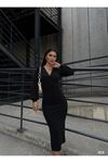 Kadın Uzun Kollu Kruvaze Yaka Büzgü Ve Balon Kol Detay Krep Kumaş Maxi Boy Simli Elbise