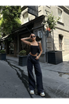 Arkadan Yırtmaçlı Jeans Kot Palazzo Pantolon - Siyah