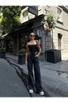 Arkadan Yırtmaçlı Jeans Kot Palazzo Pantolon - Siyah