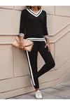 Kadın Uzun Kollu V Yakalı Ribanalı Viskon Iki Iplik Bluz Ve Pantolon Ikili Takım