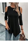 Kadın Omuzlardan Açık Sıfır Yaka Asimetrik Kesim Detay Viskon Bluz