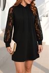 Kadın Uzun Kollu Kolları Dantel Detaylı Kapşonlu Bağcıklı Kısa Viskon Iki Iplik Elbise