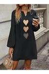 Kadın Uzun Kollu V Yakalı Kalp Desenli Mini Ithal Krep Elbise