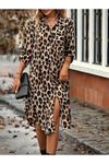 Kadın Uzun Kollu Yakalı önden Düğmeli Leopar Desenli Modal Midi Elbise