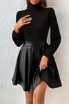 Kadın Uzun Kollu Balıkçı Yaka üst Kaşkorse Alt Deri Detaylı Mini Elbise