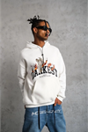 Erkek Oversize Kapüşonlu Sweatshirt – Beyaz Renk Üç İplik İçi Pamuklu Kanguru Cepli Baskılı Hoodie Rahat Kalıp Kışlık Günlük Kombinlere Uygun - Beyaz