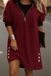 Kadın Uzun Kollu Kapşonlu önden Fermuarlı Düğmeli Mini Iki Iplik Elbise
