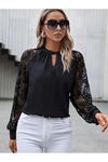 Kadın Uzun Dantel Kollu Yuvarlak Yakalı Sandy Bluz
