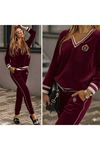Kadın Uzun Kollu V Yaka Yakası Ve Kol Ağzı şerit Detay Kadife Takım