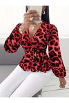 Kadın Uzun Kollu Kruvaze Yakalı Belden Kuşaklı Leopar Desenli Süprem Bluz