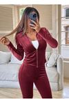 Kadın Uzun Kollu önden Fermuarlı Kadife Bluz Ve Pantolon Ikili Takım