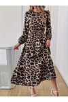 Uzun Kollu Bisiklet Yaka Leopar Desenli Midi Süprem Elbise