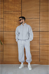 Erkek Premium Parçalı Eşofman Takım - Dik Yaka Fermuarlı Biyeli Sweatshirt Lastik Paça Alt, Oversize 3 Iplik Şardonlu - Gri