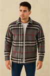 Erkek Ekose Desenli Düğmeli Polar Yakalı Uzun Kollu Gömlek Oversize Rahat Kalıp - Füme