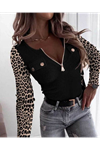 Kadın Uzun Kollu Leopar Desenli Fermuarlı önden Cep Ve Düğme Detaylı Kaşkorse Bluz