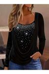 Kadın Uzun Kollu Derin Degaje Yakalı Taşlı Sandy Bluz