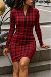Kadın Uzun Kollu Fermuarlı Ekose Baskılı Dalgıç Elbise