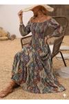 Kadın Düşük Omuzlu Beli Büzgülü Dijital Desenli Kesik Elyaf Süprem Uzun Elbise
