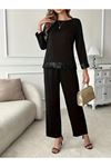 Kadın Uzun Kollu Bisiklet Yaka Pulpayetli Viskon Iki Iplik Bluz Ve Pantolon Ikili Takım