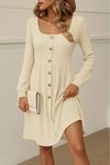 Kadın Uzun Kollu Kare Yaka Düğmeli Kısa şardonlu Iki Iplik Mini Elbise