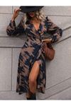 Kadın Uzun Kollu Kruvaze Yakalı Yandan Bağlamalı Desenli Mini Modal Elbise