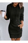 Kadın Uzun Kollu Kapşonlu Cepli Mini Peluş Elbise