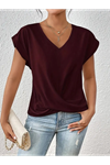 Kadın Kısa Kollu V Yakalı önden çapraz Geçmeli Detay Viskon Bluz