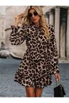 Kadın Uzun Kollu Yakadan Bağcıklı Modal Leopar Desenli Mini Elbise