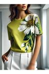 Kadın Kısa Kollu Bisiklet Yaka çiçek Baskılı Süprem Bluz