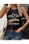 Kadın Sıfır Kol Halter Yaka Kalp Baskılı Viskon Bluz