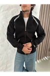 Erkek Oversize Dik Yaka Fermuarlı Sweatshirt - Zincir Nakışli Kanguru Cepli - Siyah