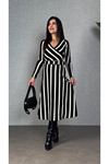 Kadın Uzun Kollu Kruvaze Yaka Kemer Dahil çizgili Triko Elbise