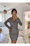 Kadın Uzun Kollu Kruvaze Yaka Bağlamalı Kemer Dalgıç Mini Boy Elbise