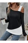 Kadın Tek Omuzu Açık Askılı çift Renkli Uzun Kollu Viskon Bluz