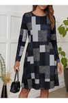 Kadın Uzun Kollu Yuvarlak Yaka Geometrik Süprem Elbise