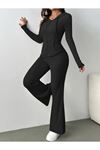 Kadın Uzun Kollu Kapşonlu önden Fermuarlı Kaşkorse Bluz Ve Pantolon Ikili Takım